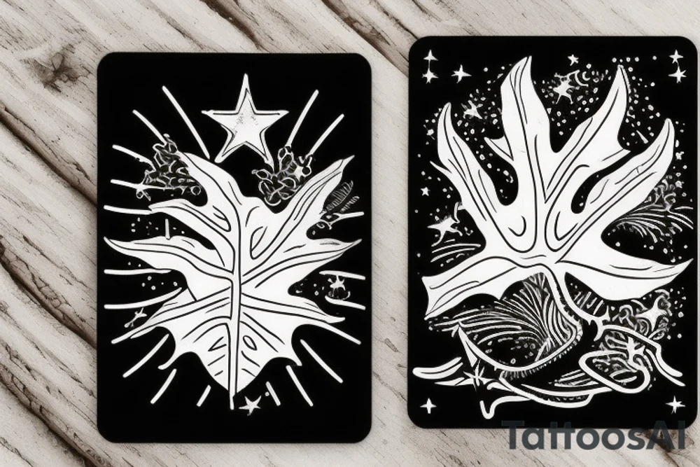 The star tarot card with water from a river along the edge and a starry background. Monstera deliciosa leaves in the bottom half of the card. XVII in the border. tattoo idea