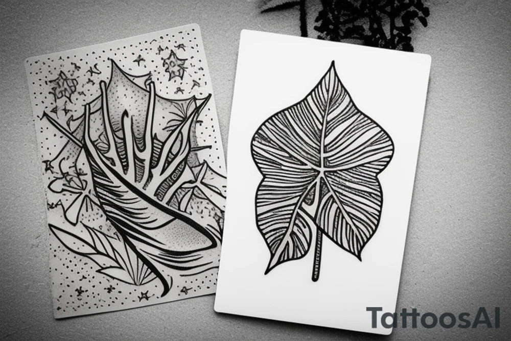 The star tarot card with water from a river along the edge and a starry background. Monstera deliciosa leaves in the bottom half of the card. XVII in the border. tattoo idea