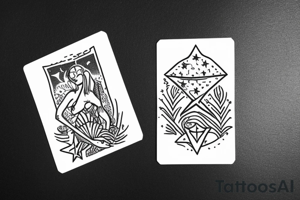 The star tarot card with water from a river along the edge and a starry background. Monstera deliciosa leaves in the bottom half of the card. XVII in the border. tattoo idea