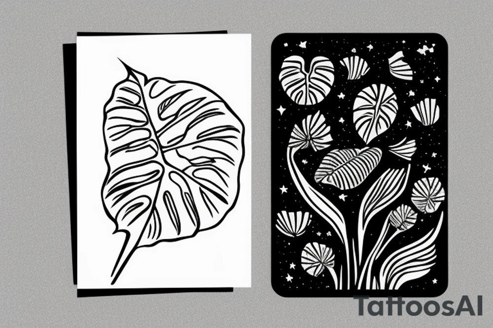 The star tarot card with water from a river along the edge and a starry background. Monstera deliciosa leaves in the bottom half of the card. XVII in the border. tattoo idea