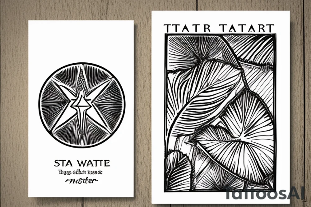 The star tarot card with water from a river along the edge and a starry background. Monstera deliciosa leaves in the bottom half of the card. XVII in the border. tattoo idea