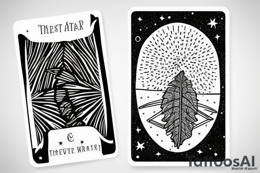 The star tarot card with water from a river along the edge and a starry background. Monstera deliciosa leaves in the bottom half of the card. XVII in the border. tattoo idea