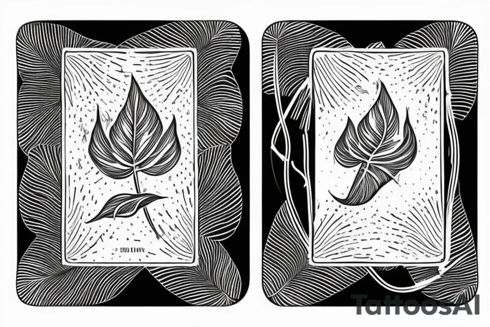 The star tarot card with water from a river along the edge and a starry background. Monstera deliciosa leaves in the bottom half of the card. XVII in the border. tattoo idea