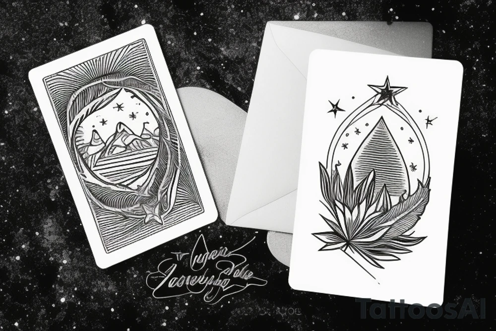 The star tarot card with water from a river along the edge and a starry background. Monstera deliciosa leaves in the bottom half of the card. XVII in the border. tattoo idea