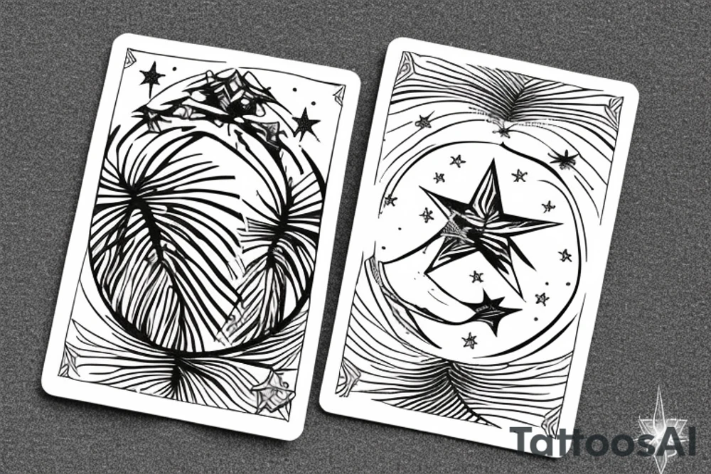 The star tarot card with water from a river along the edge and a starry background. Monstera deliciosa leaves in the bottom half of the card. XVII in the border. tattoo idea