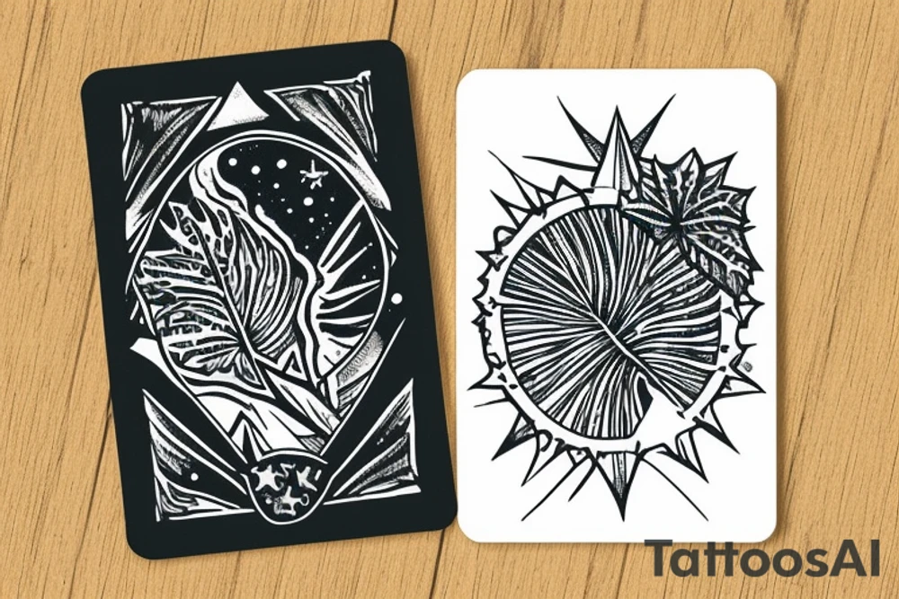 The star tarot card with water from a river along the edge and a starry background. Monstera deliciosa leaves in the bottom half of the card. XVII in the border. tattoo idea