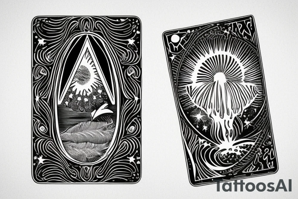 The star tarot card with water from a river along the edge and a starry background. Monstera deliciosa leaves in the bottom half of the card. XVII in the border. tattoo idea