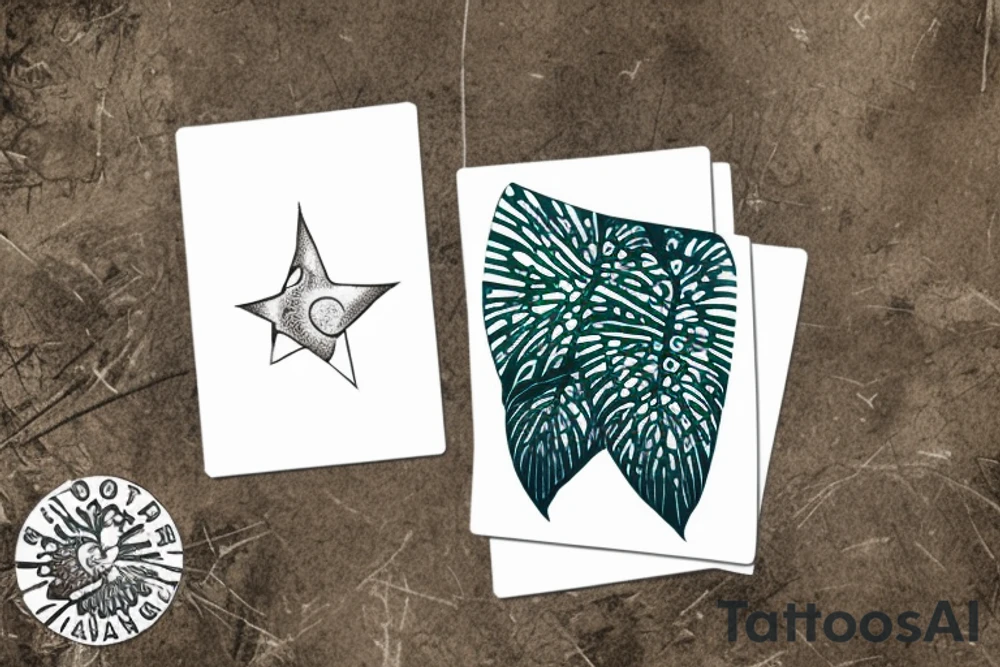 The star tarot card with water from a river along the edge and a starry background. Monstera deliciosa leaves in the bottom half of the card. XVII in the border. tattoo idea