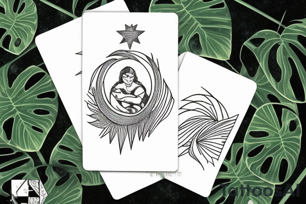 The star tarot card with water from a river along the edge and a starry background. Monstera deliciosa leaves in the bottom half of the card. XVII in the border. tattoo idea