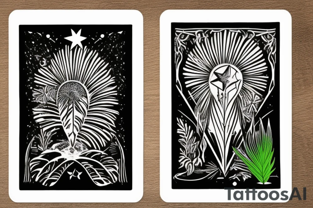 The star tarot card with water from a river along the edge and a starry background. Monstera deliciosa leaves in the bottom half of the card. XVII in the border. tattoo idea