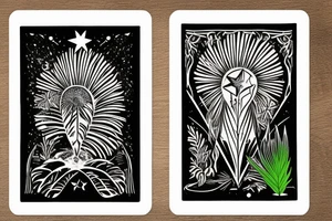 The star tarot card with water from a river along the edge and a starry background. Monstera deliciosa leaves in the bottom half of the card. XVII in the border. tattoo idea