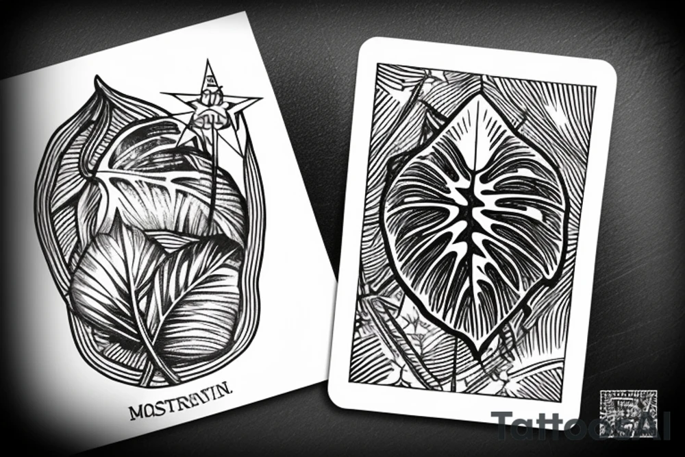 The star tarot card with water from a river along the edge and a starry background. Monstera deliciosa leaves in the bottom half of the card. XVII in the border. tattoo idea