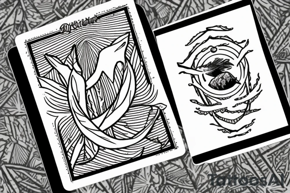 The star tarot card with water from a river along the edge and a starry background. Monstera deliciosa leaves in the bottom half of the card. XVII in the border. tattoo idea