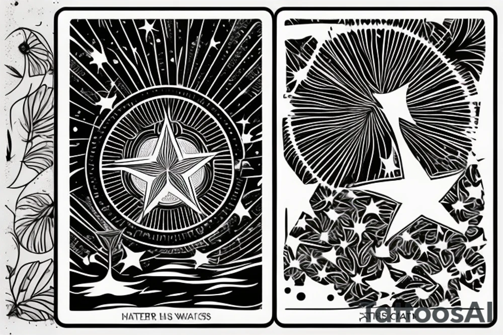 The star tarot card with water from a river along the edge and a starry background. Monstera deliciosa leaves in the bottom half of the card. XVII in the border. tattoo idea
