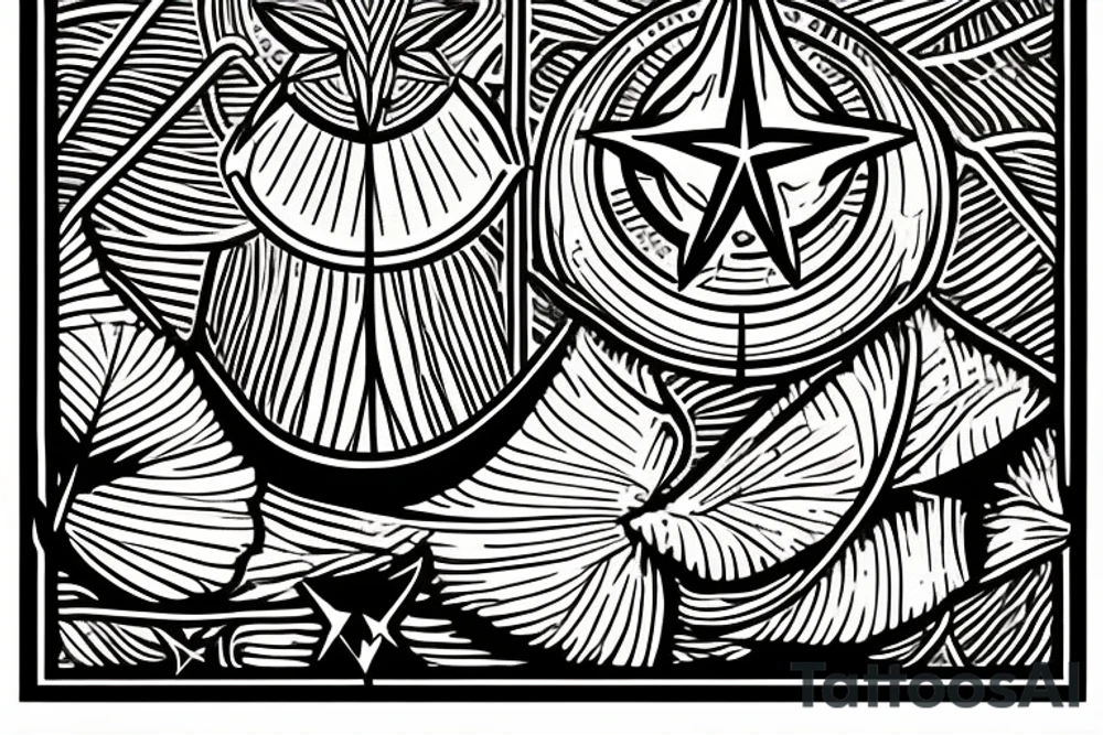 The star tarot card with water from a river along the edge and a starry background. Monstera deliciosa leaves in the bottom half of the card. XVII in the border. tattoo idea