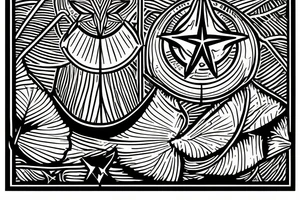 The star tarot card with water from a river along the edge and a starry background. Monstera deliciosa leaves in the bottom half of the card. XVII in the border. tattoo idea