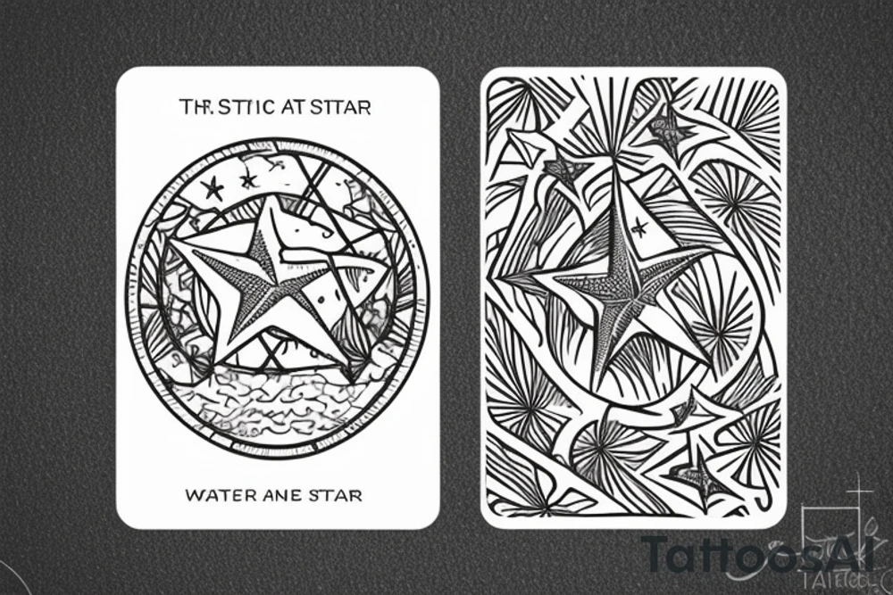 The star tarot card with water from a river along the edge and a starry background. Monstera deliciosa leaves in the bottom half of the card. XVII in the border. tattoo idea