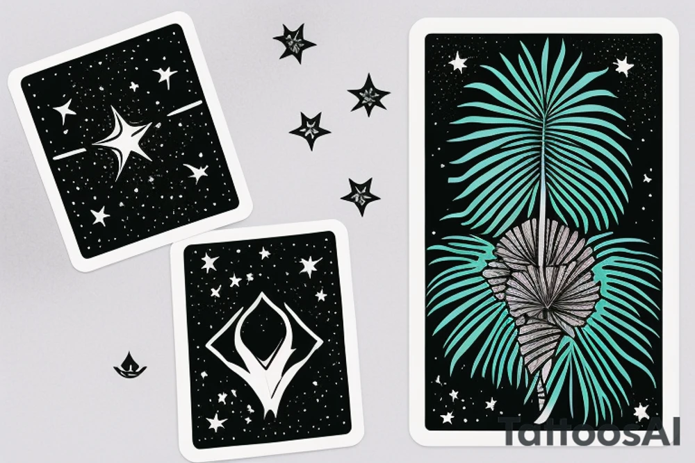 The star tarot card with water from a river along the edge and a starry background. Monstera deliciosa leaves in the bottom half of the card. XVII in the border. tattoo idea