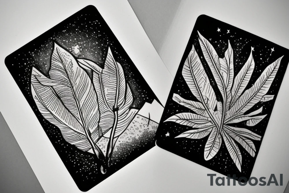 The star tarot card with water from a river along the edge and a starry background. Monstera deliciosa leaves in the bottom half of the card. XVII in the border. tattoo idea