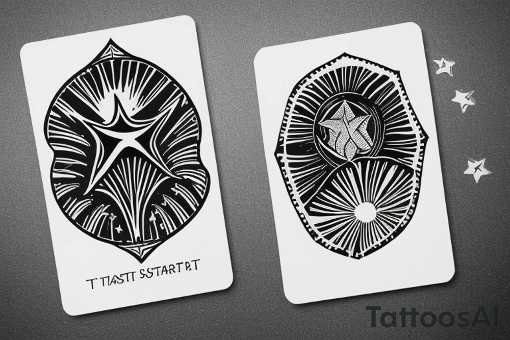 The star tarot card with water from a river along the edge and a starry background. Monstera deliciosa leaves in the bottom half of the card. XVII in the border. tattoo idea