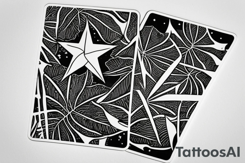 The star tarot card with water from a river along the edge and a starry background. Monstera deliciosa leaves in the bottom half of the card. XVII in the border. tattoo idea