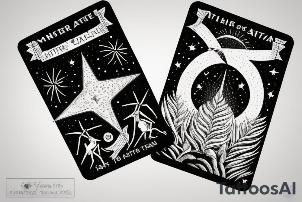 The star tarot card with water from a river along the edge and a starry background. Monstera deliciosa leaves in the bottom half of the card. XVII in the border. tattoo idea