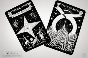 The star tarot card with water from a river along the edge and a starry background. Monstera deliciosa leaves in the bottom half of the card. XVII in the border. tattoo idea