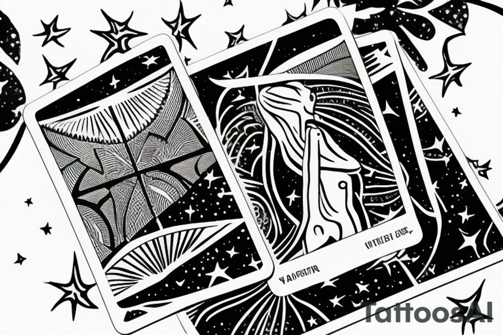The star tarot card with water from a river along the edge and a starry background. Monstera deliciosa leaves in the bottom half of the card. XVII in the border. tattoo idea