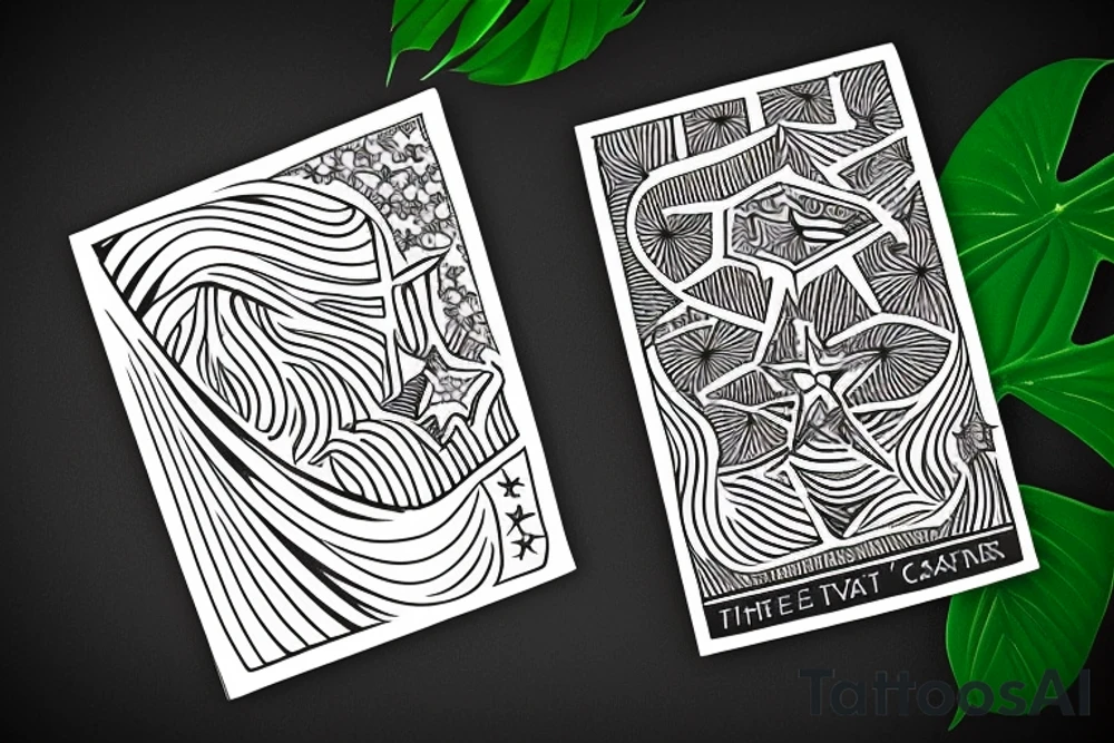 The star tarot card with water from a river along the edge and a starry background. Monstera deliciosa leaves in the bottom half of the card. XVII in the border. tattoo idea