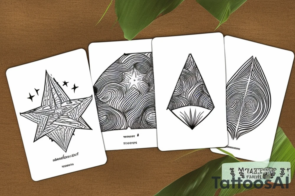 The star tarot card with water from a river along the edge and a starry background. Monstera deliciosa leaves in the bottom half of the card. XVII in the border. tattoo idea