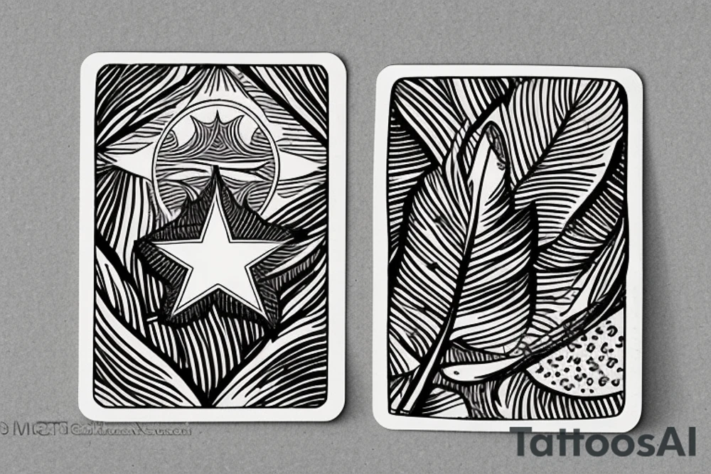 The star tarot card with water from a river along the edge and a starry background. Monstera deliciosa leaves in the bottom half of the card. XVII in the border. tattoo idea