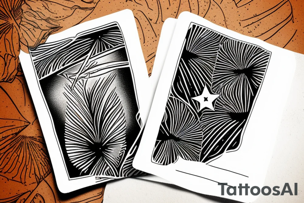 The star tarot card with water from a river along the edge and a starry background. Monstera deliciosa leaves in the bottom half of the card. XVII in the border. tattoo idea