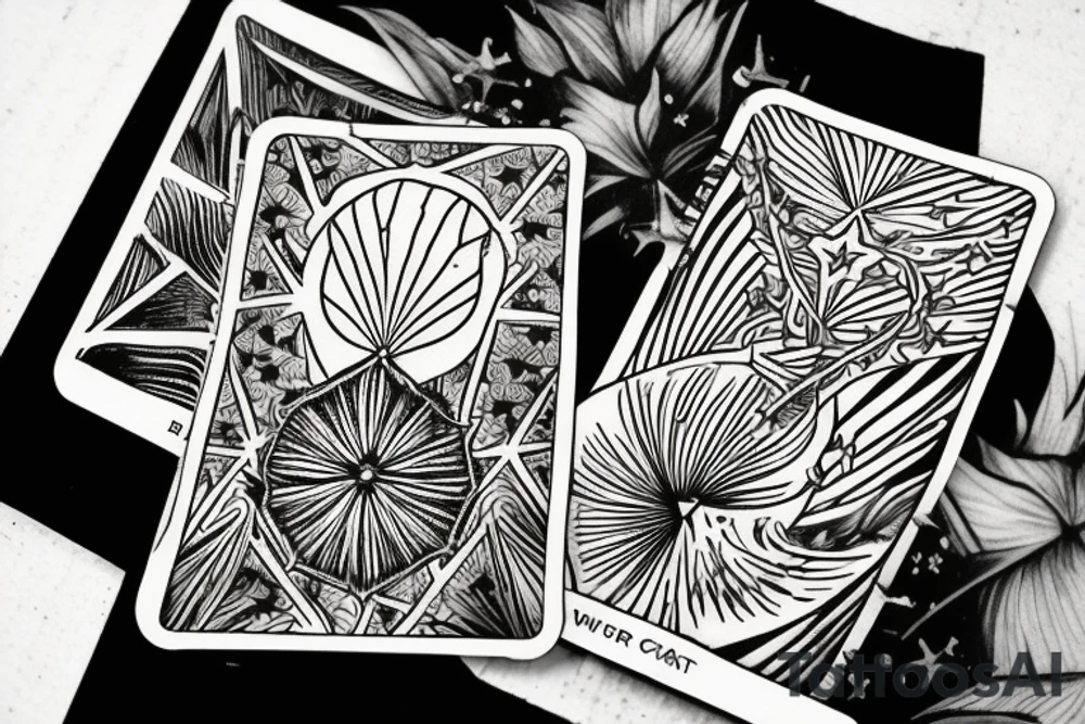 The star tarot card with water from a river along the edge and a starry background. Monstera deliciosa leaves in the bottom half of the card. XVII in the border. tattoo idea