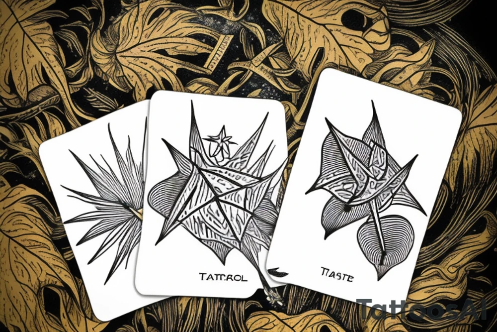 The star tarot card with water from a river along the edge and a starry background. Monstera deliciosa leaves in the bottom half of the card. XVII in the border. tattoo idea