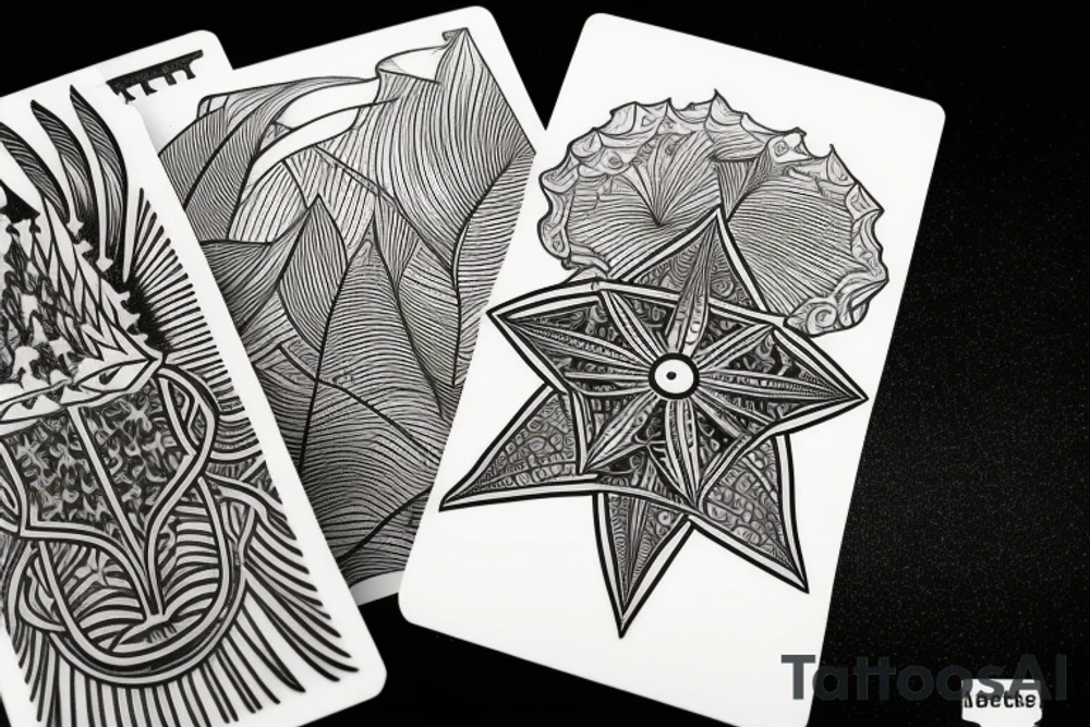 The star tarot card with water from a river along the edge and a starry background. Monstera deliciosa leaves in the bottom half of the card. XVII in the border. tattoo idea