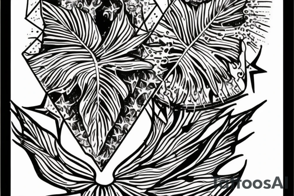 The star tarot card with water from a river along the edge and a starry background. Monstera deliciosa leaves in the bottom half of the card. XVII in the border. tattoo idea