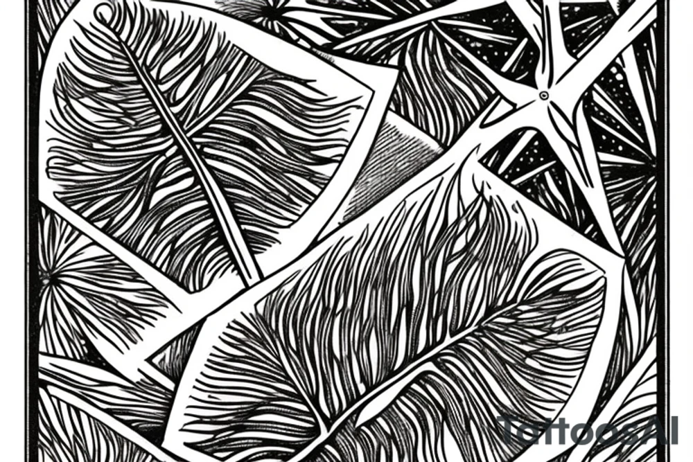 The star tarot card with water from a river along the edge and a starry background. Monstera deliciosa leaves in the bottom half of the card. XVII in the border. tattoo idea