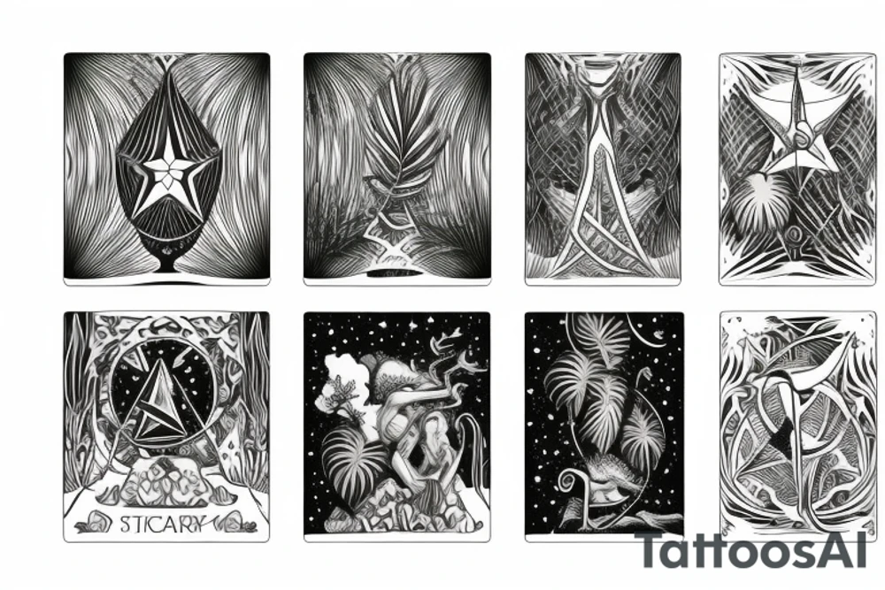 The star tarot card with water from a river along the edge and a starry background. Monstera deliciosa leaves in the bottom half of the card. XVII in the border. tattoo idea