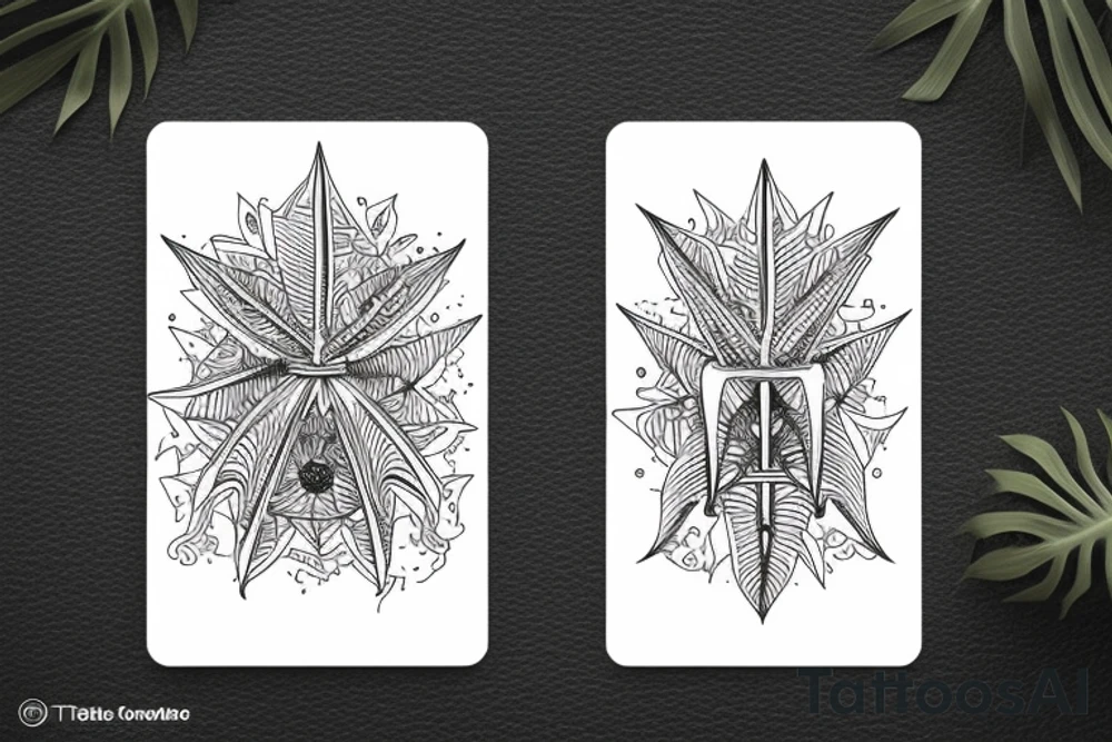 The star tarot card with water from a river along the edge and a starry background. Monstera deliciosa leaves in the bottom half of the card. XVII in the border. tattoo idea