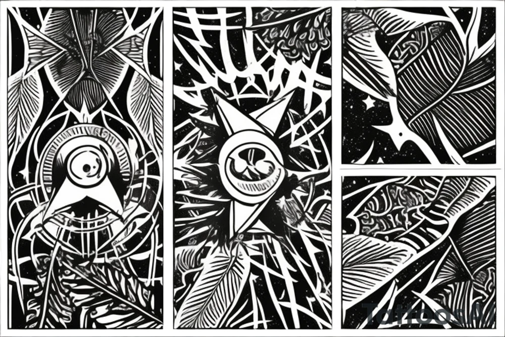 The star tarot card with water from a river along the edge and a starry background. Monstera deliciosa leaves in the bottom half of the card. XVII in the border. tattoo idea