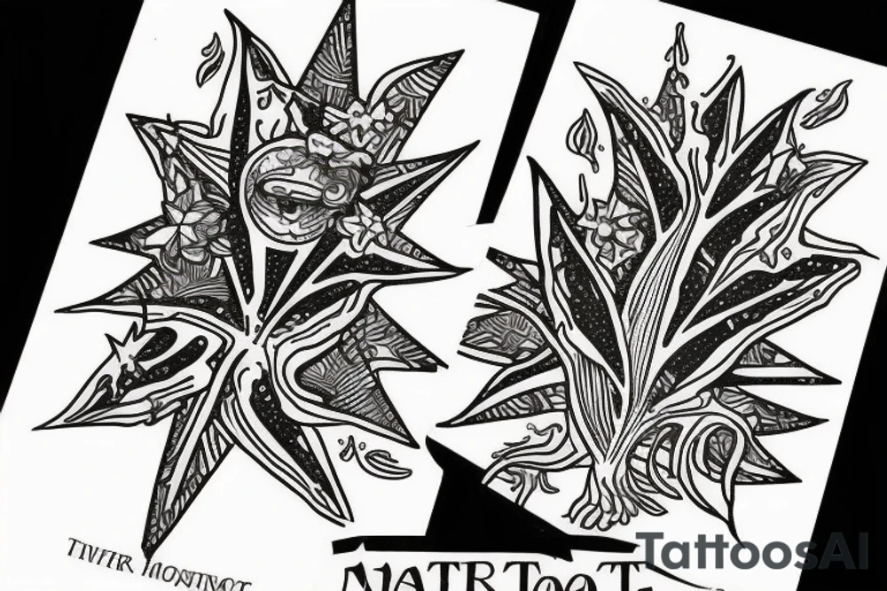 The star tarot card with water from a river along the edge and a starry background. Monstera deliciosa leaves in the bottom half of the card. XVII in the border. tattoo idea