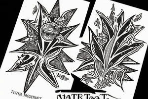 The star tarot card with water from a river along the edge and a starry background. Monstera deliciosa leaves in the bottom half of the card. XVII in the border. tattoo idea