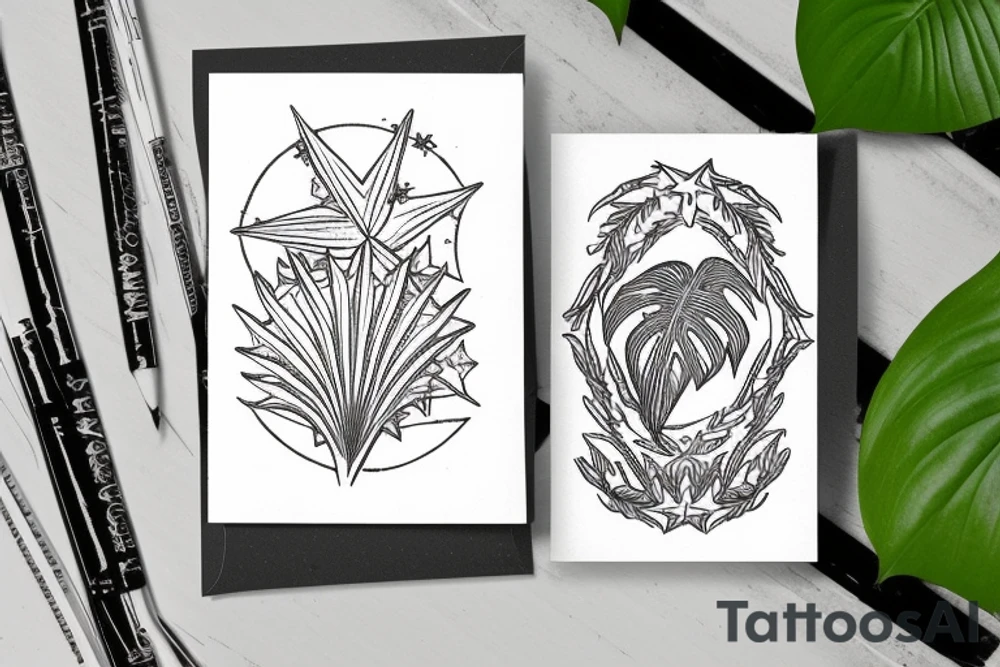 The star tarot card with water from a river along the edge and a starry background. Monstera deliciosa leaves in the bottom half of the card. XVII in the border. tattoo idea