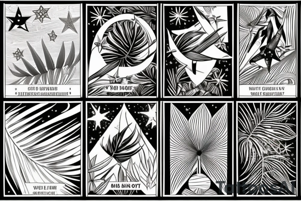 The star tarot card with water from a river along the edge and a starry background. Monstera deliciosa leaves in the bottom half of the card. XVII in the border. tattoo idea
