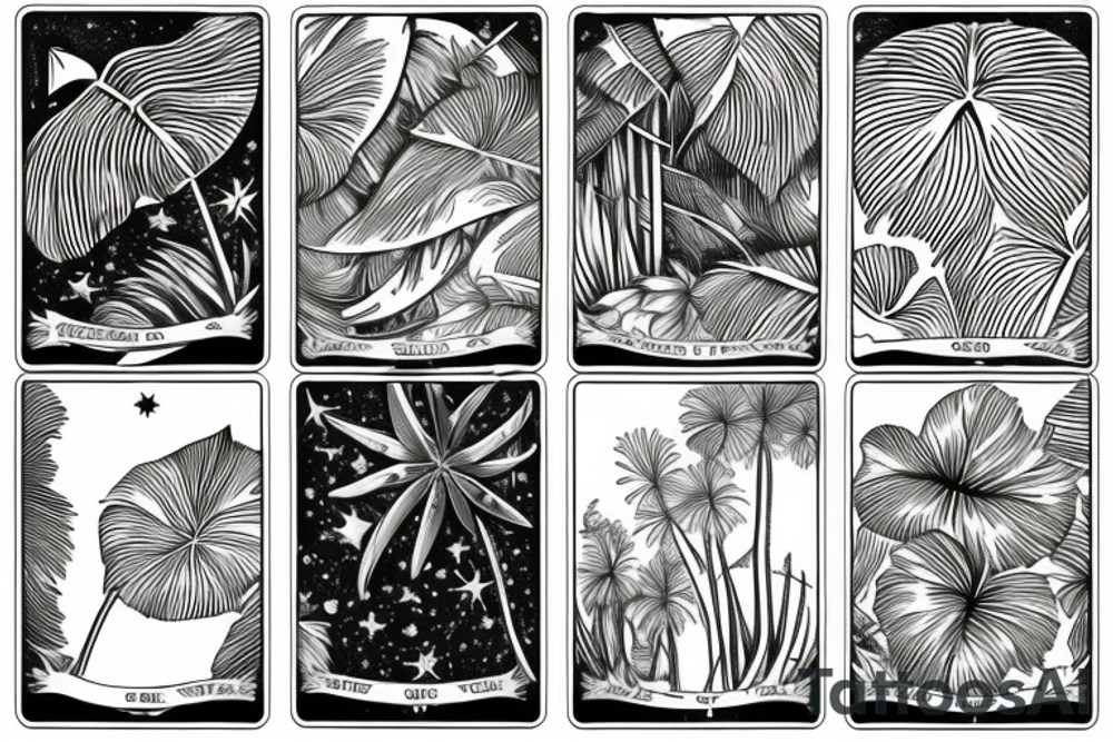 The star tarot card with water from a river along the edge and a starry background. Monstera deliciosa leaves in the bottom half of the card. XVII in the border. tattoo idea