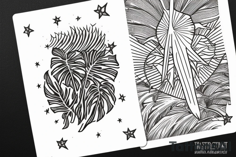 The star tarot card with water from a river along the edge and a starry background. Monstera deliciosa leaves in the bottom half of the card. XVII in the border. tattoo idea
