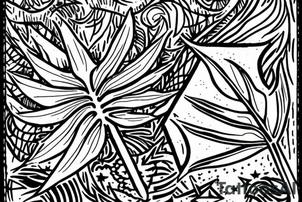 The star tarot card with water from a river along the edge and a starry background. Monstera deliciosa leaves in the bottom half of the card. XVII in the border. tattoo idea