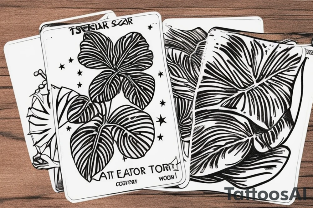 The star tarot card with water from a river along the edge and a starry background. Monstera deliciosa leaves in the bottom half of the card. XVII in the border. tattoo idea
