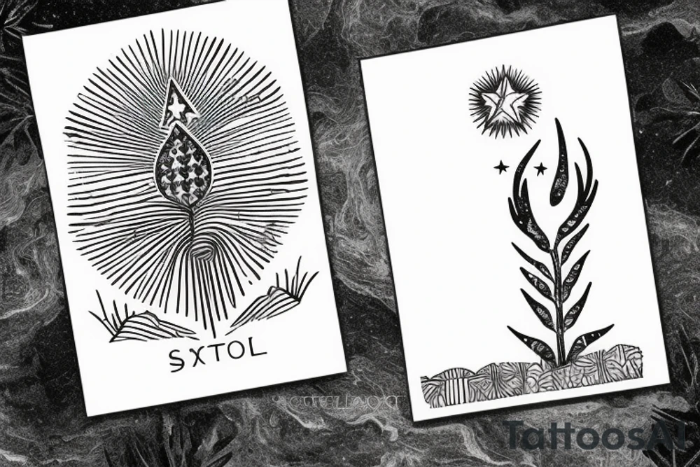 The star tarot card with water from a river along the edge and a starry background. Monstera deliciosa leaves in the bottom half of the card. XVII in the border. tattoo idea