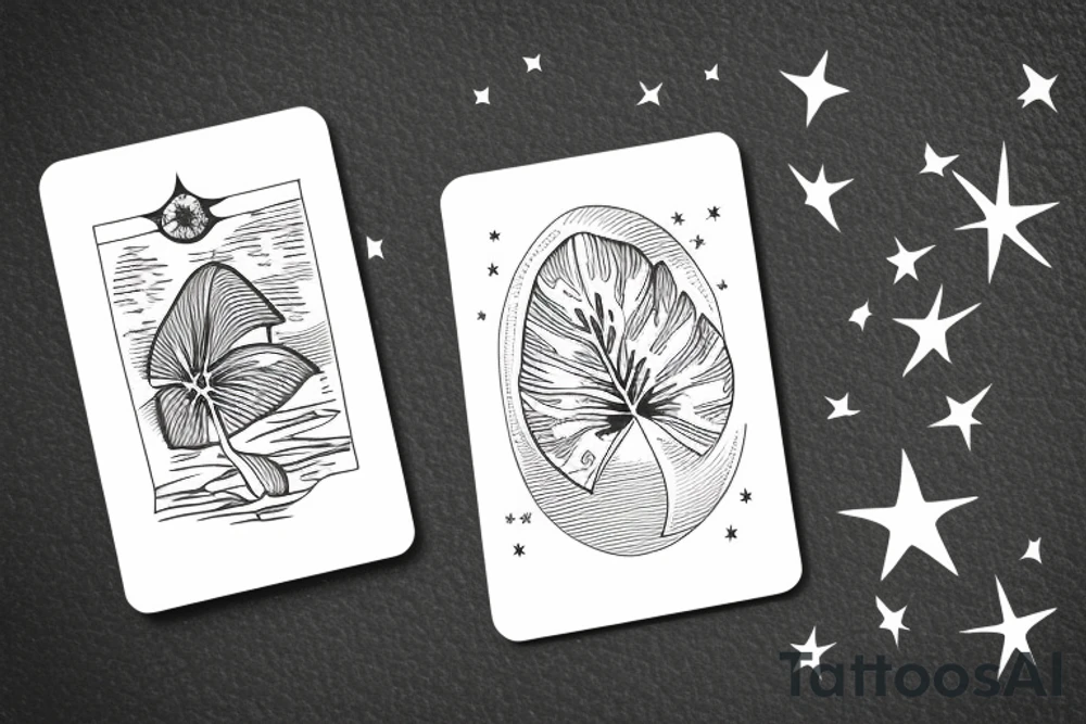 The star tarot card with water from a river along the edge and a starry background. Monstera deliciosa leaves in the bottom half of the card. XVII in the border. tattoo idea